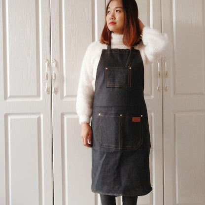 Adjustable Black Denim Apron with Three Pockets - Fashionable and Functional