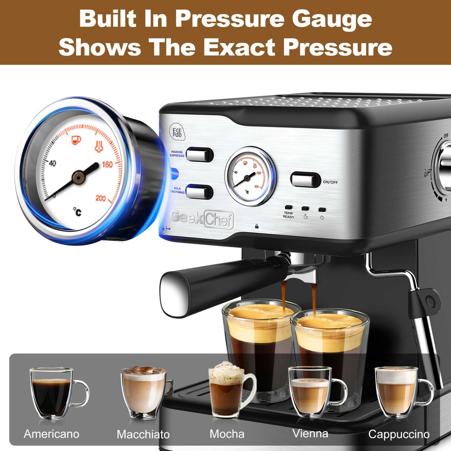 GEEK CHEF High Quality Espresso Machine | 20 Bar Pressure | Built-In Pressure Gauge Display