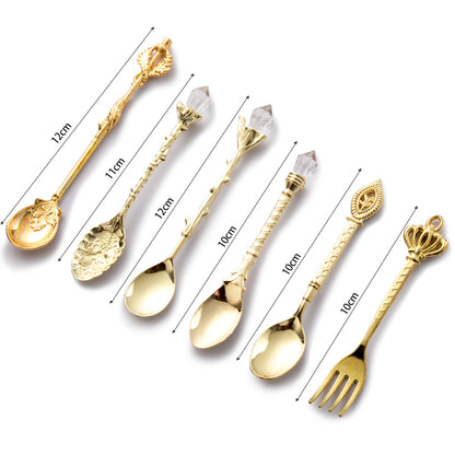 6 piece Retro Cutlery set spoons in gold with measurements of each piece of cutlery in the set