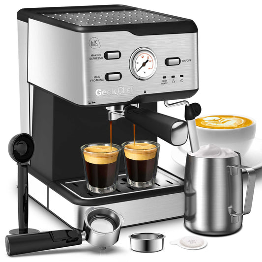 GEEK CHEF High Quality Espresso Machine | 20 Bar Pressure | Built-In Pressure Gauge Display