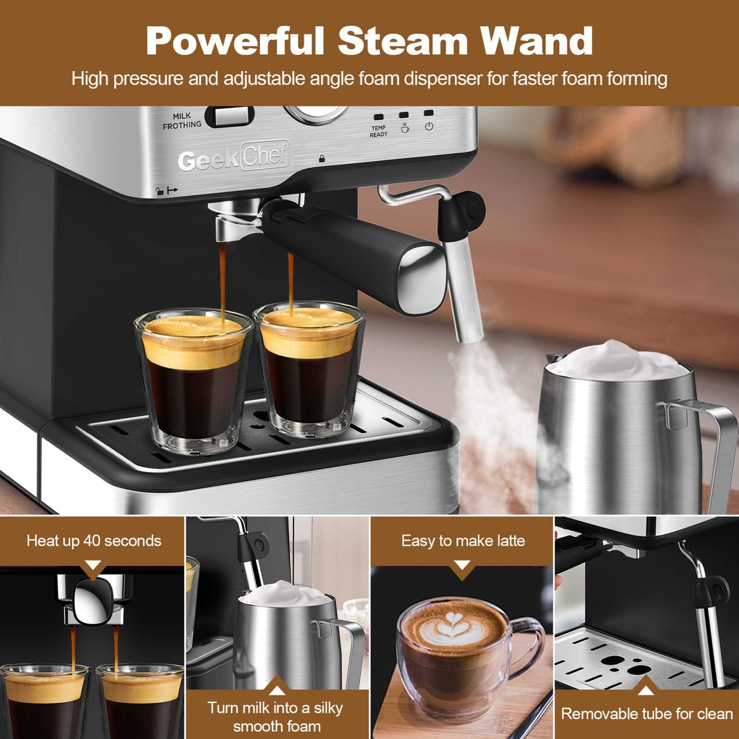 GEEK CHEF High Quality Espresso Machine | 20 Bar Pressure | Built-In Pressure Gauge Display