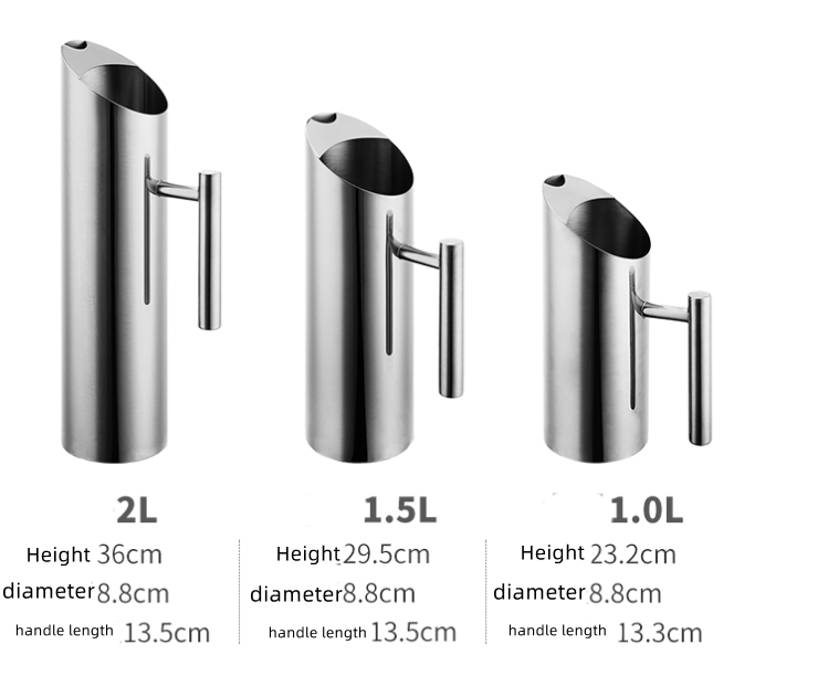 3 Stainless Steel Water Pitchers in Silver, in small, medium, and large, with dimensions and capacities of each water jug.