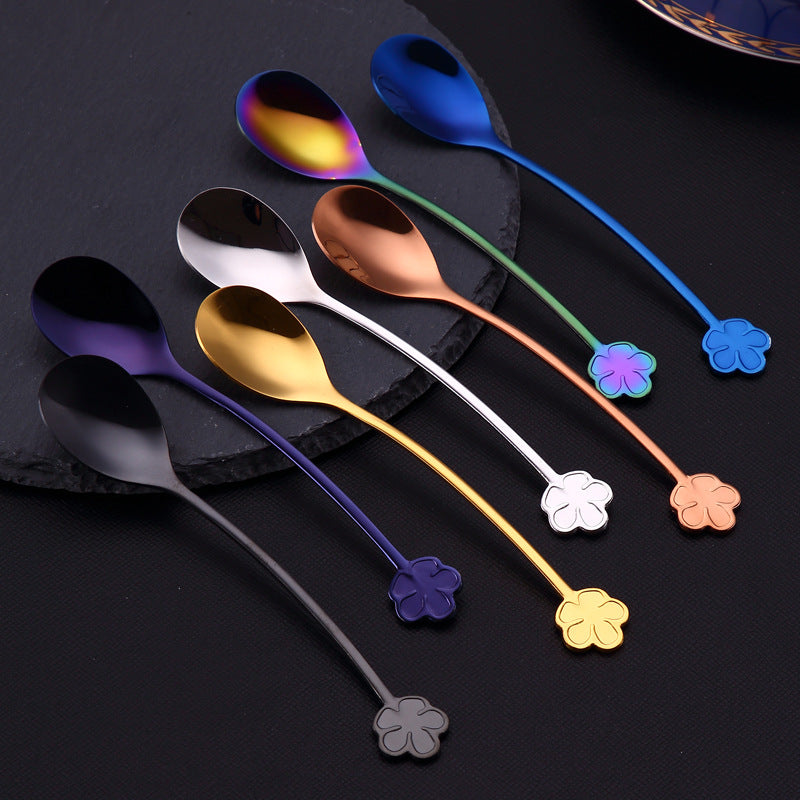 7 Flower-Shaped Handle Dessert & Coffee Spoons in black, purple, gold, silver, rose gold, rainbow, and blue