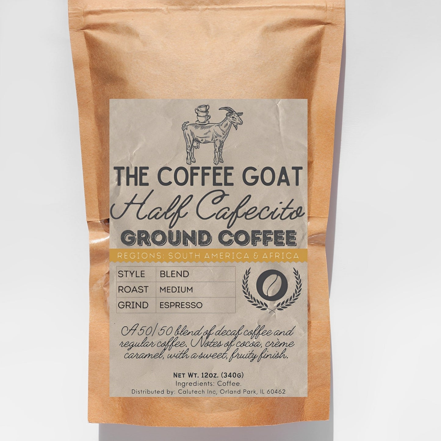 A brown 12oz bag of "Half Cafecito" Specialty Half Caff Coffee