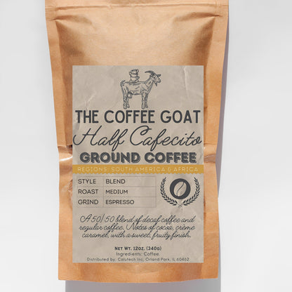 A brown 12oz bag of "Half Cafecito" Specialty Half Caff Coffee