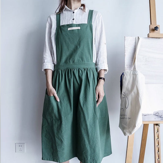 Pleated Skirt Cotton Linen Apron in Deep Green