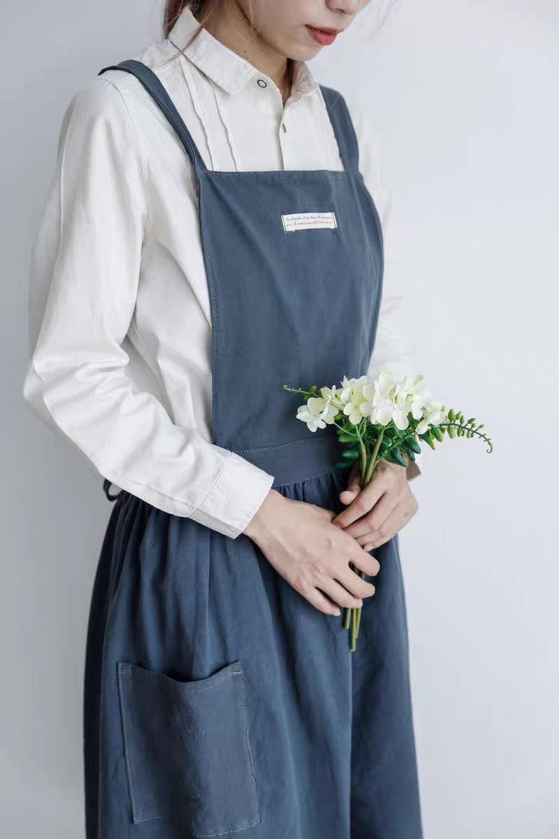 Pleated Skirt Cotton Linen Apron in Deep Blue.