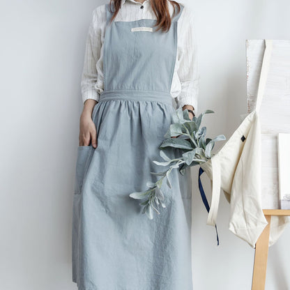 Pleated Skirt Cotton Linen Apron in in pale blue.