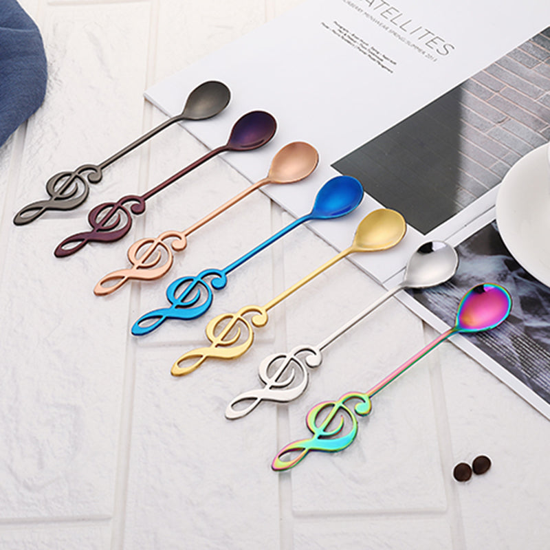 Treble Clef Stainless Steel Coffee Spoons in black, dark purple, rose gold, blue, gold, silver, and rainbow colors.