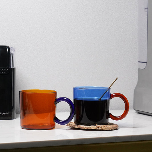 Retro 70s Style Vintage Blue and Amber Colored Glass Mugs