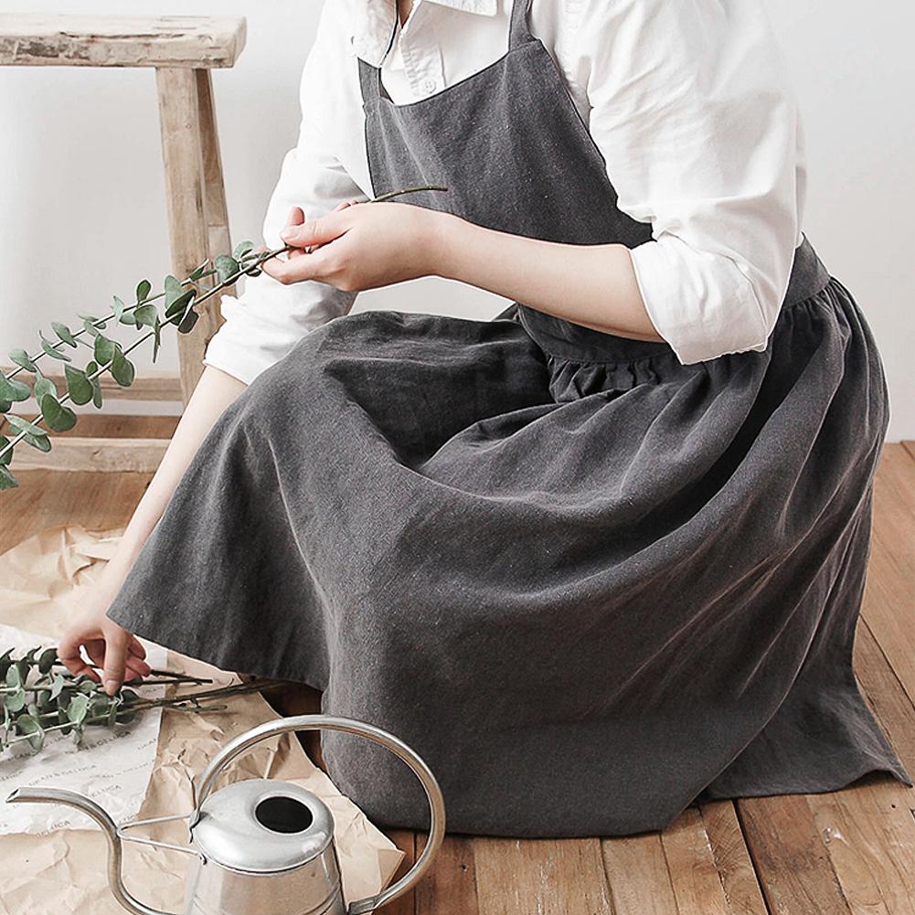 Pleated Skirt Linen Apron with Cross-Back Strap Design