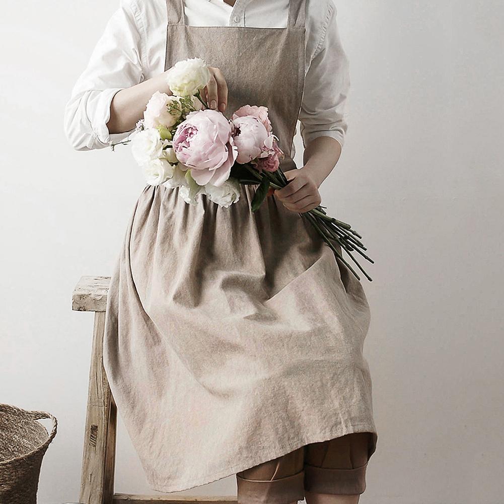 Pleated Skirt Linen Apron with Cross-Back Strap Design