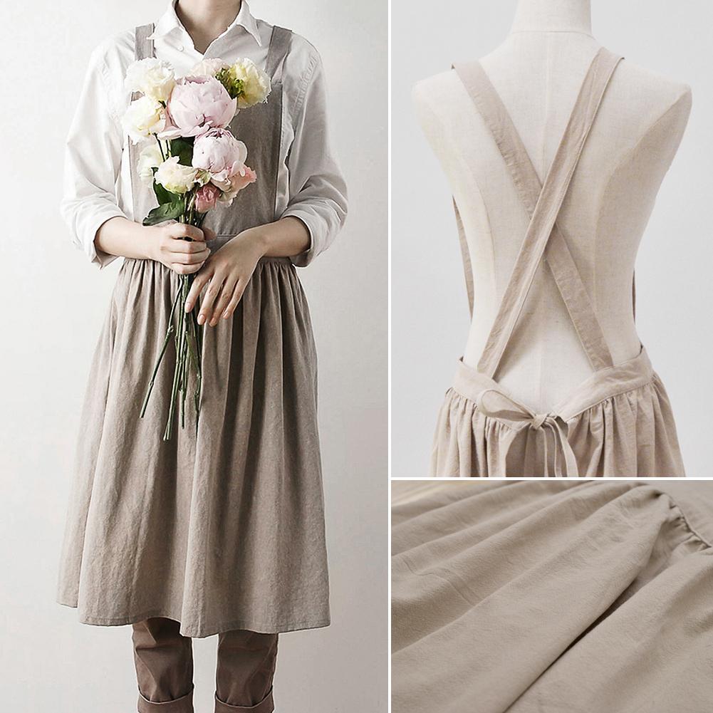 Pleated Skirt Linen Apron with Cross-Back Strap Design