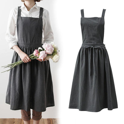 Pleated Skirt Linen Apron with Cross-Back Strap Design