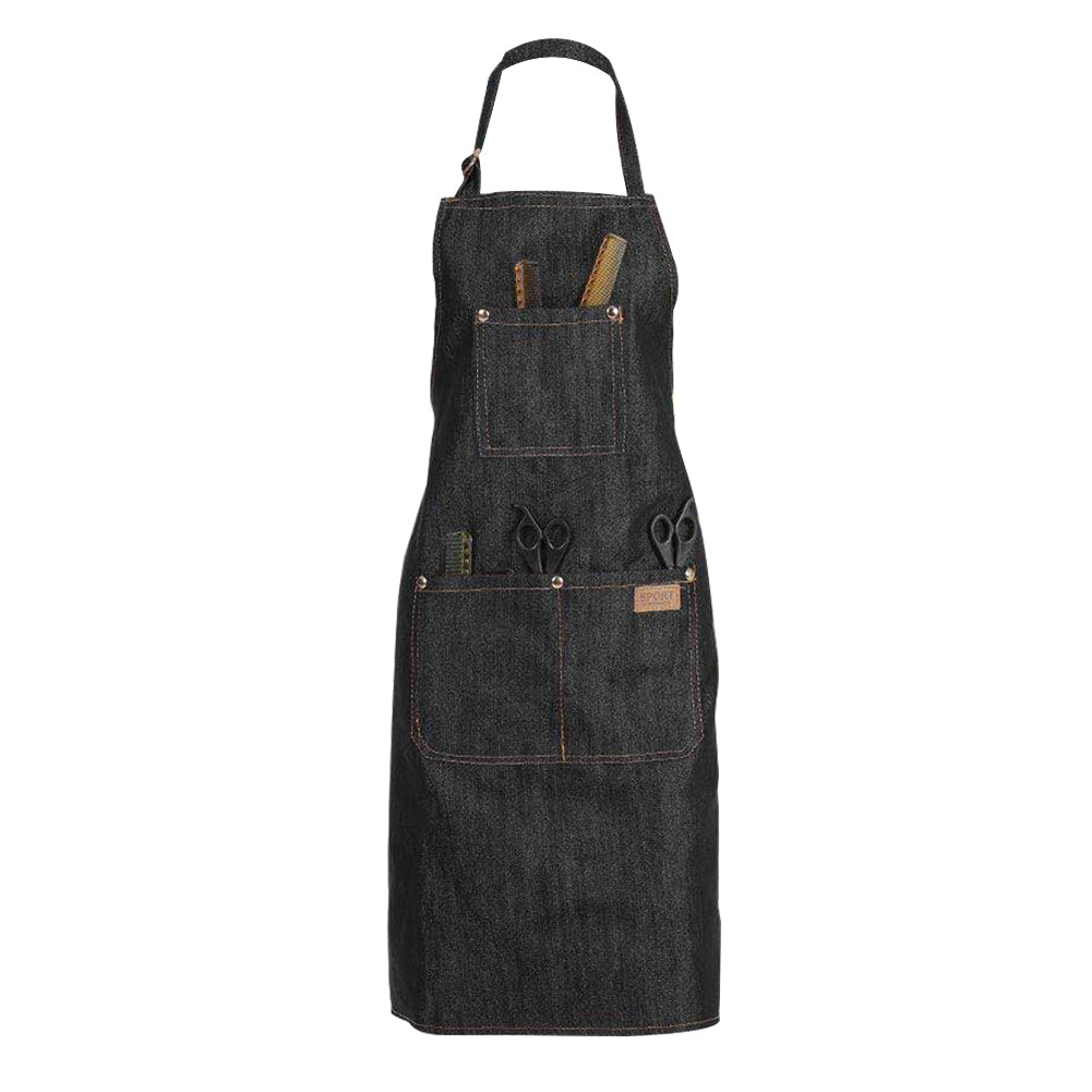 Adjustable Black Denim Apron with Three Pockets - Fashionable and Functional