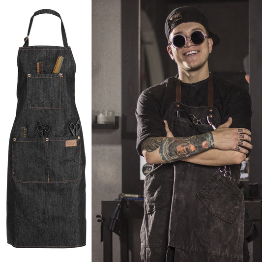 Adjustable Black Denim Apron with Three Pockets - Fashionable and Functional