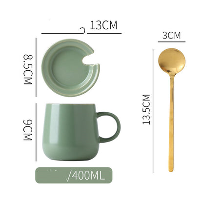 Green "Keep 'Er Warm" Mug with Lid and Spoon and product dimensions typed out.