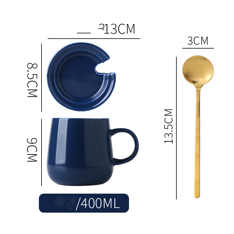 Dark Royal Blue "Keep 'Er Warm" Mug with Lid and Spoon and product dimensions typed out.