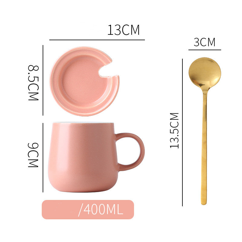 Pink "Keep 'Er Warm" Mug with Lid and Spoon and product dimensions typed out.