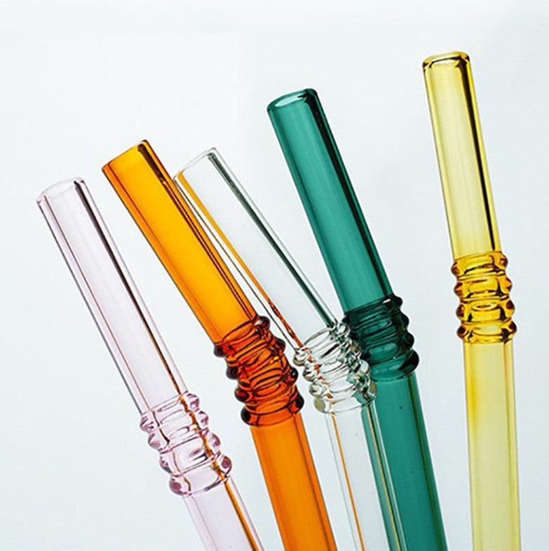 5 Eco-Friendly Premium Ribbed Glass Drinking Straws, in: Pale pink, Orange Caramel. Crystal Clear, Pine Green, and Champagne Gold  colors