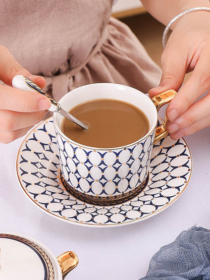 Turkish Coffee Cup & Saucer Set with white, blue & gold circle pattern