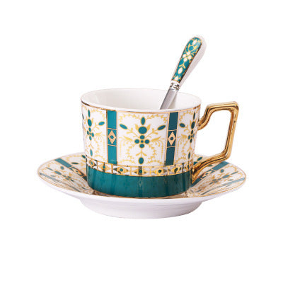 Turkish Coffee Cup & Saucer Set (Dark Teal & Gold Floral pattern) with one spoon