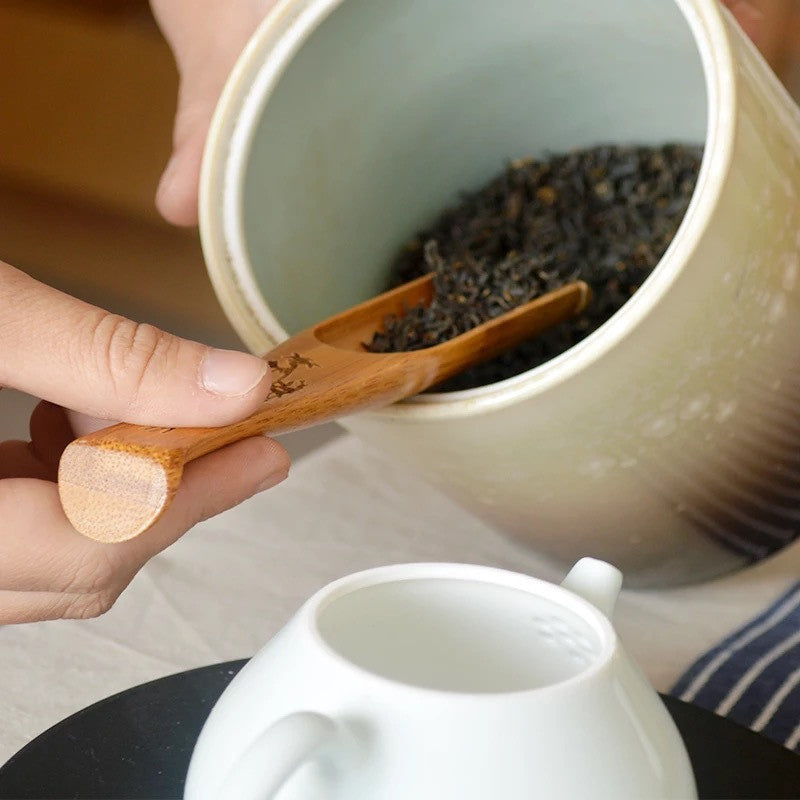 Hand holding Bamboo Tea Spoon and dispensing loose tea leaves.