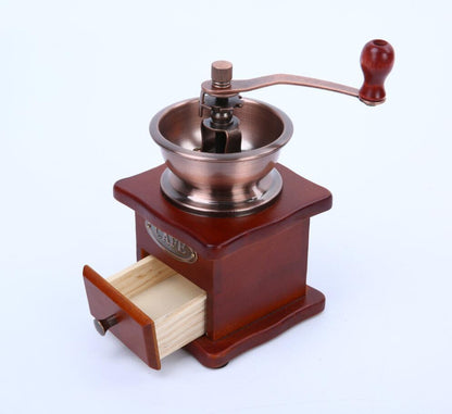 Vintage Style Wooden Manual Coffee Grinder with drawer open