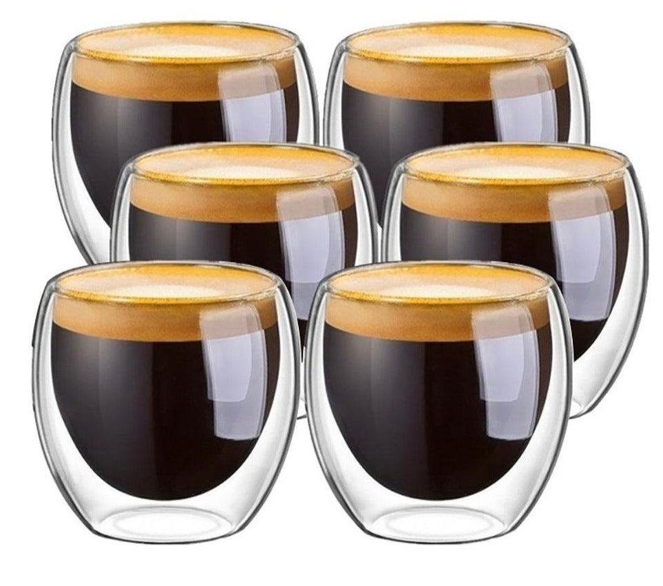 6 Double-Walled Glass Espresso Glasses with espresso in each one.