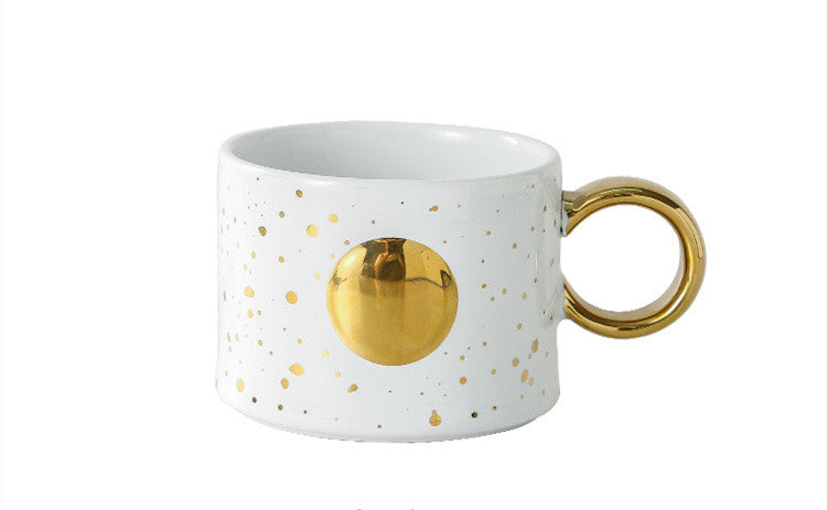 Golden Accented ceramic Mug with Sun Design in white with measurements typed out above it.