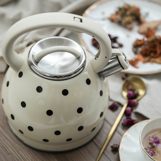 White Stove Top Kettle with Black Polka Dots