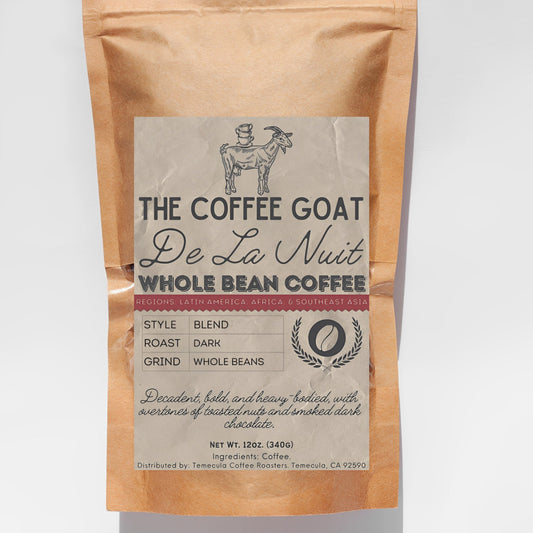 A brown kraft paper bag of De La Nuit whole bean coffee by The Coffee Goat