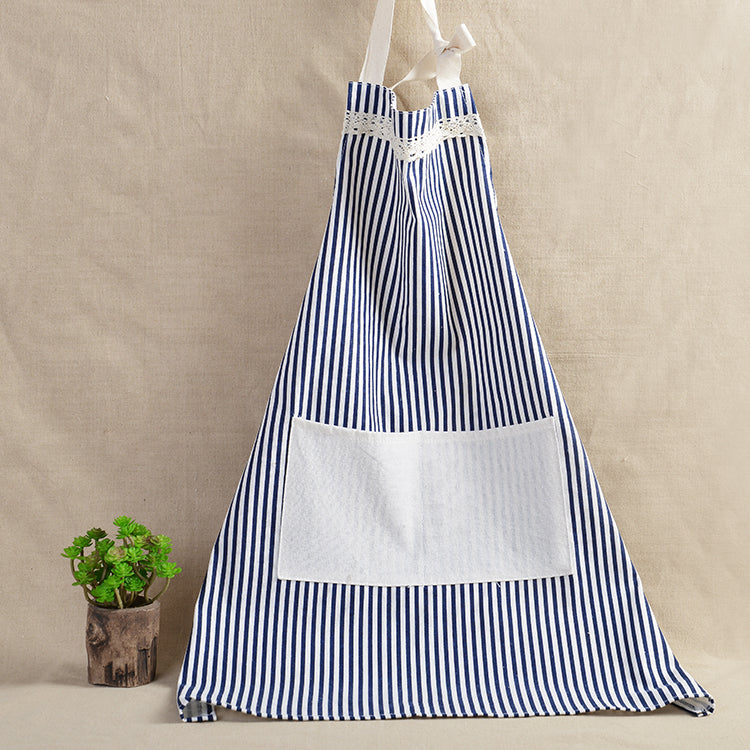 Blue & White Striped Apron With White Pocket on it