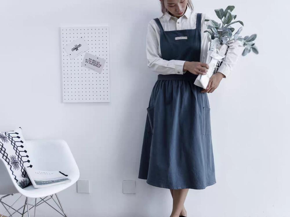 Pleated Skirt Cotton Linen Apron in Deep Blue.