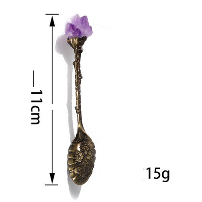 Natural Amethyst Crystal Spoon with dark brass handle with measurement diagram (11cm long and 15g in weight).