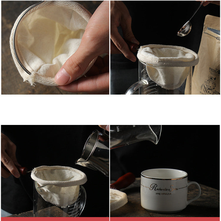 Reusable Cloth Coffee Filter with Stainless Steel Handle in 3 quadrants of the photo, and a ceramic cup in the bottom right quadrant.