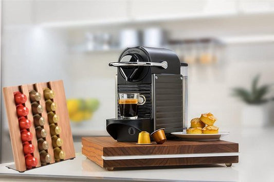 Sleek Bamboo Coffee Capsule Storage Unit with Anti-Slip Design deside a coffee pod machine.