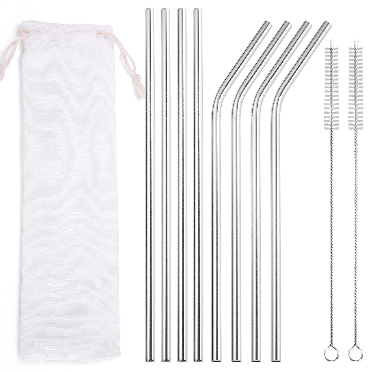 Silver Metallic Straw Set with white bag