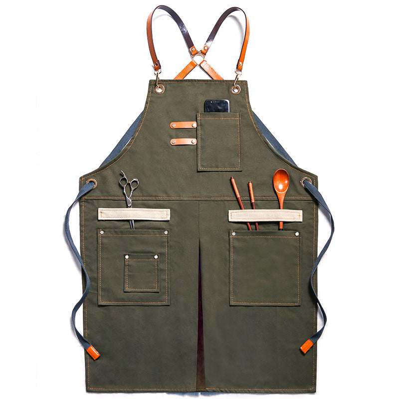 Denim Cross-Back Apron in Army Green.