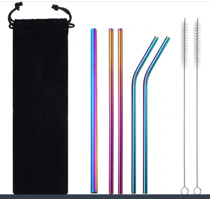 5 pack rainbow Metallic Straw Set with black bag