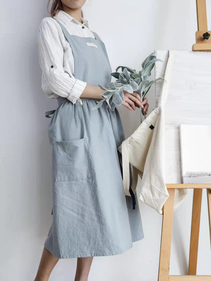 Pleated Skirt Cotton Linen Apron in in pale blue.