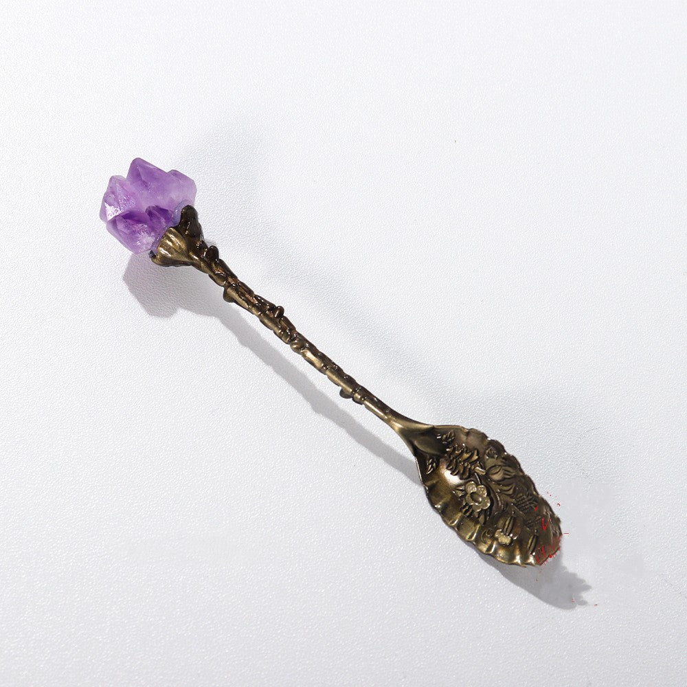 Natural Amethyst Crystal Spoon with dark brass handle.