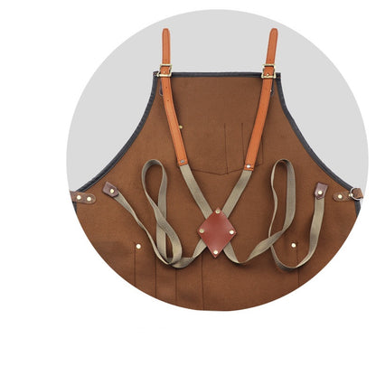 Products Waterproof Brown PU Leather Apron, showcasing the cross straps on the apron. 