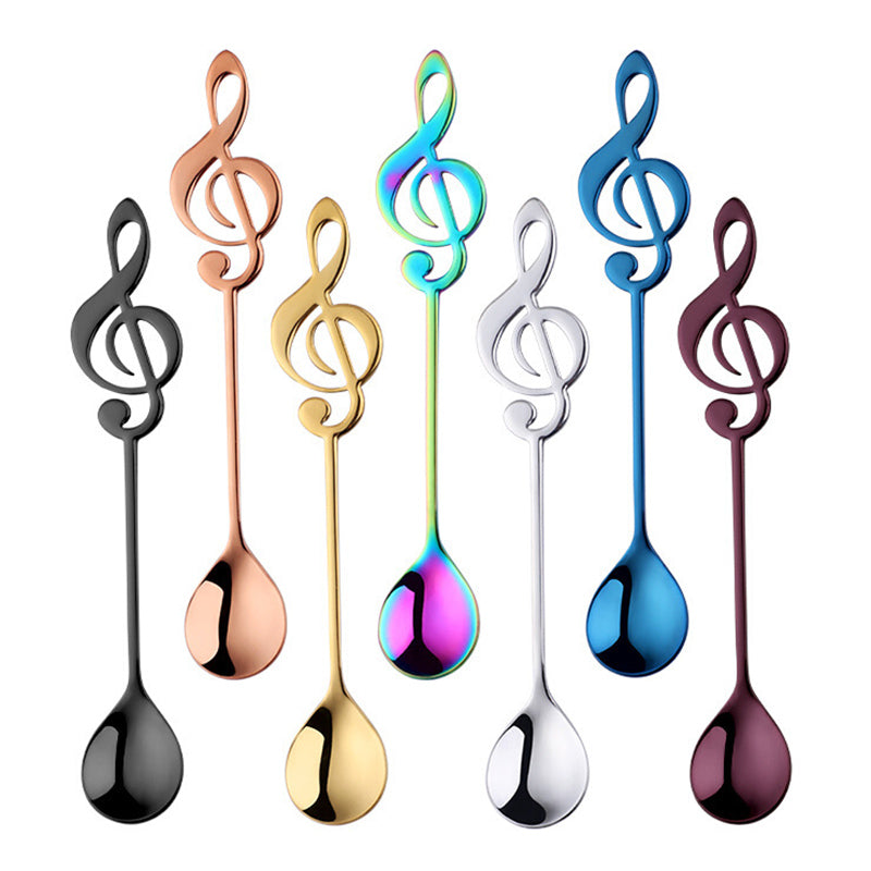 Treble Clef Stainless Steel Coffee Spoons in black, dark purple, rose gold, blue, gold, silver, and rainbow colors.