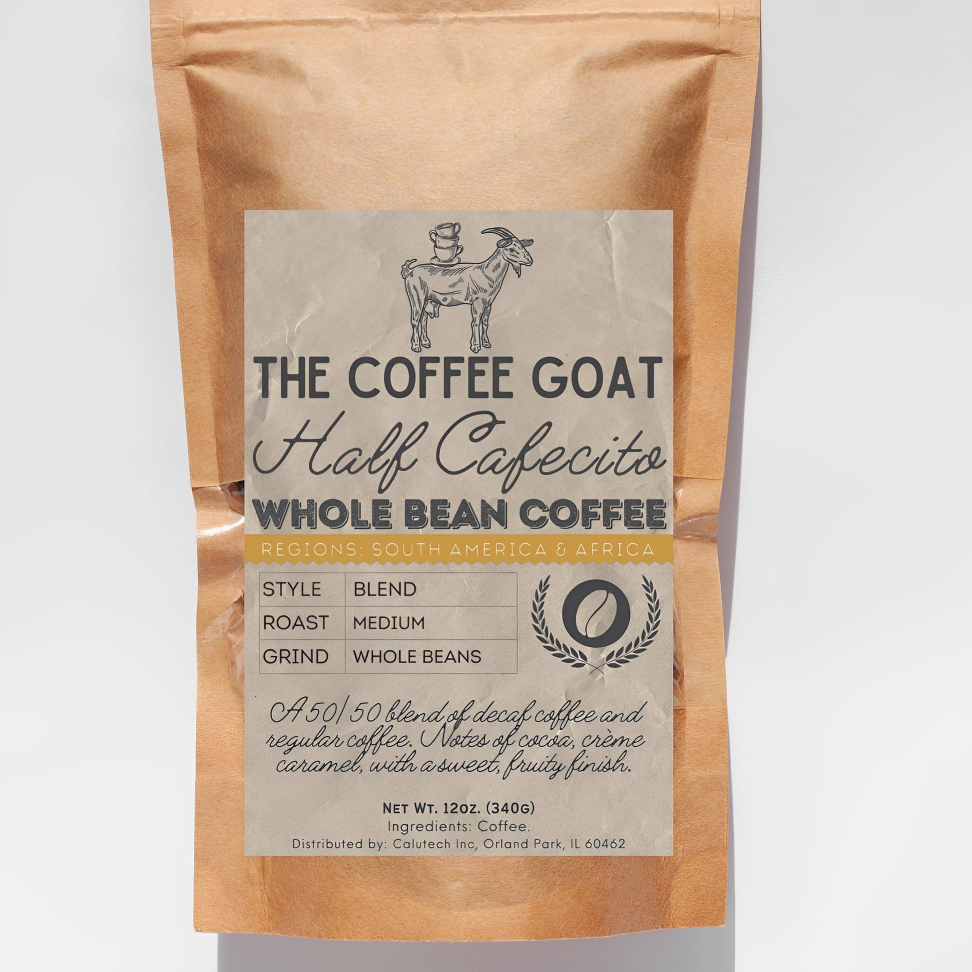 A brown 12oz bag of "Half Cafecito" Specialty Half Caff Coffee