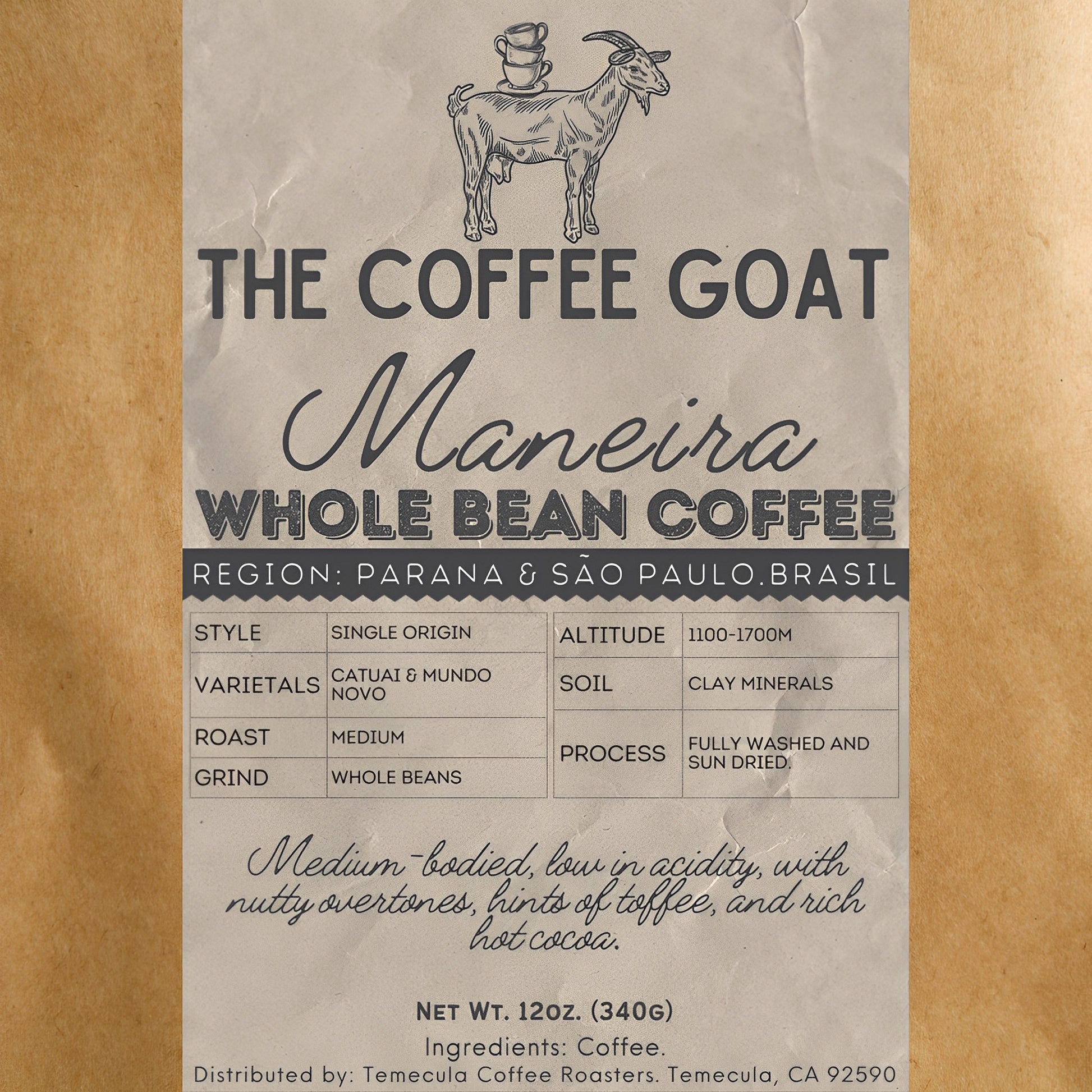 A label on the bag of "Maneira", Single Origin Specialty Coffee From Brasil.