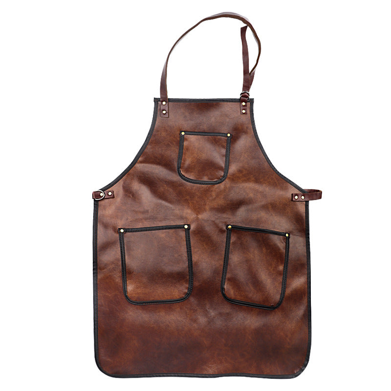 Products Waterproof Brown PU Leather Apron (Style 2: Black Trim Pockets / Halter Neck)