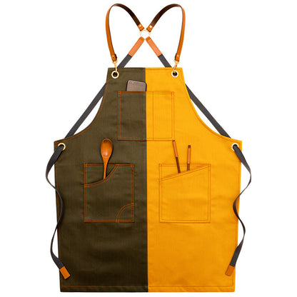 Adjustable Denim-Style Apron in Army Green and Golden Yellow / Cross Strap