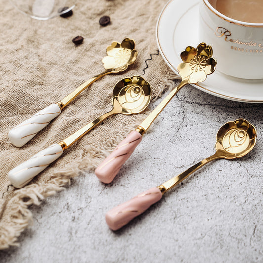 Japanese-inspired Blossom & Rose Shaped Spoons with Ceramic Handles - 6 Piece Set