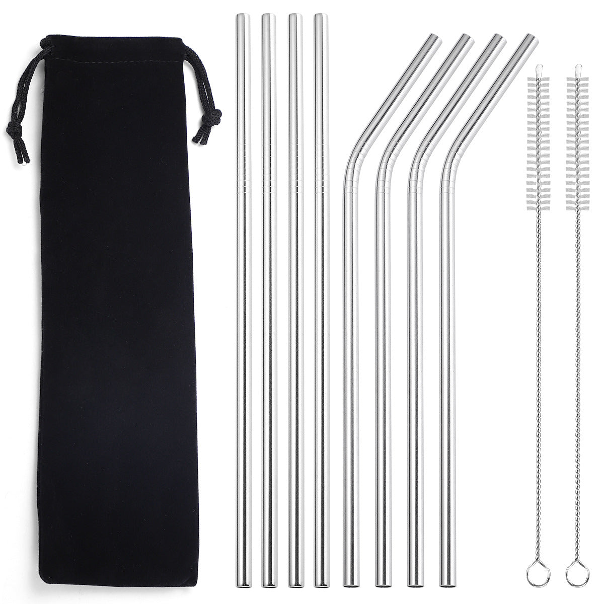 Silver Metallic Straw Set with black bag